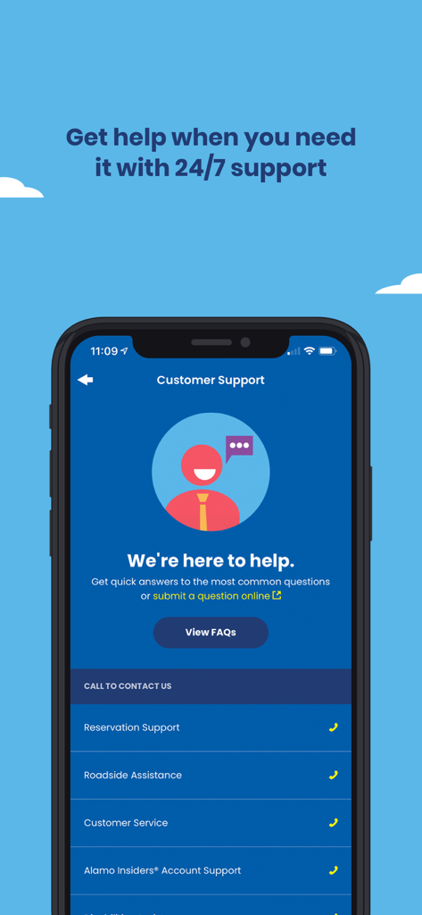 Alamo - Car Rental - Alamo car rental app customer support screen with options for 24/7 assistance and roadside support