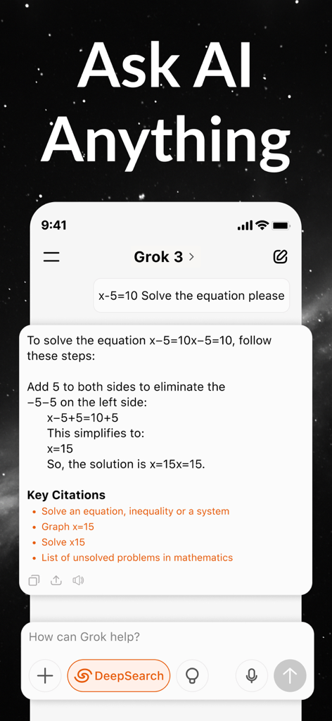 AI Chat Bot - Ask AI Universe - AI Chat Bot app interface showing Grok 3 solving a math equation