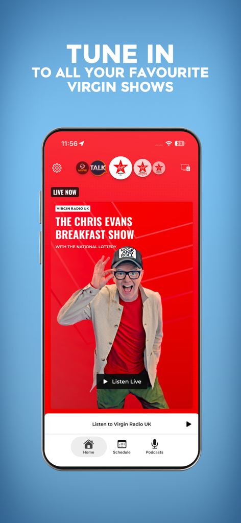 Pantalla de inicio de la aplicación Virgin Radio UK con el Chris Evans Breakfast Show
