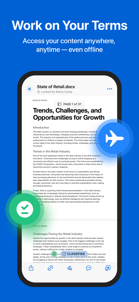 A business document opened in the Box app showing offline access and security features