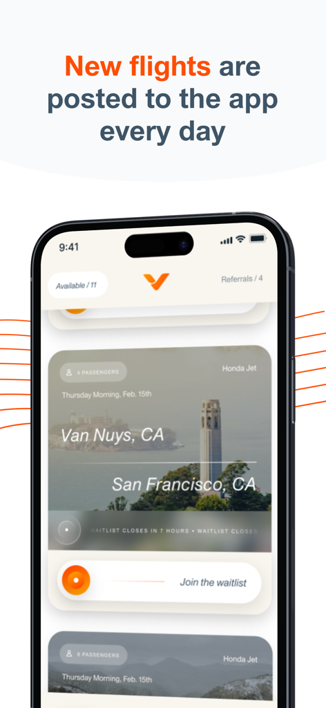 Fly Vaunt mobile app showing available private jet flights and a join waitlist button