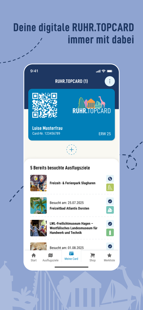 RUHR.TOPCARD - Digitale RUHR.TOPCARD-Oberfläche, die eine Mitgliedskarte und eine Liste der besuchten regionalen Attraktionen anzeigt.