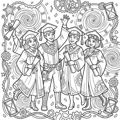 Step into a world where academic success meets temporal adventure with this captivating coloring page. Featuring enthusiastic time-traveling graduates surrounded by intricate gears and swirling patterns, it's a unique blend of celebration and sci-fi wonder.
