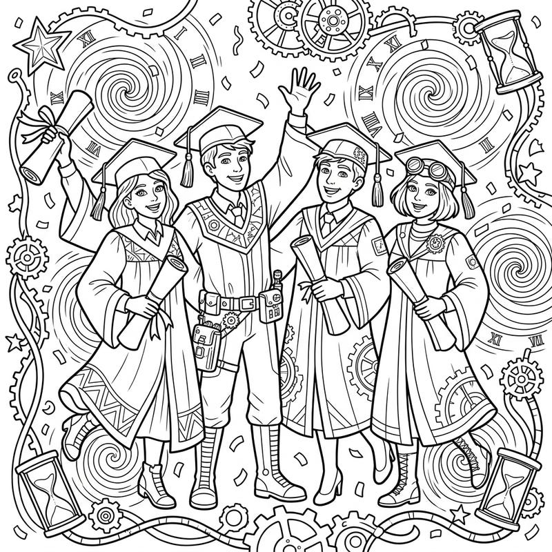 Step into a world where academic success meets temporal adventure with this captivating coloring page. Featuring enthusiastic time-traveling graduates surrounded by intricate gears and swirling patterns, it's a unique blend of celebration and sci-fi wonder.