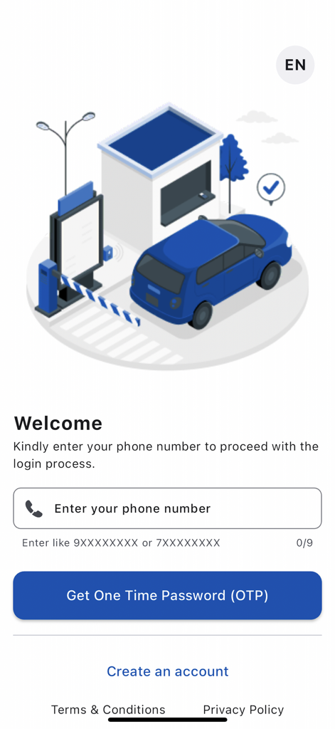 Pantalla de bienvenida de la aplicación AATMA Drivers que muestra un campo de inicio de sesión con número de teléfono y una ilustración de un coche en una cabina de estacionamiento.