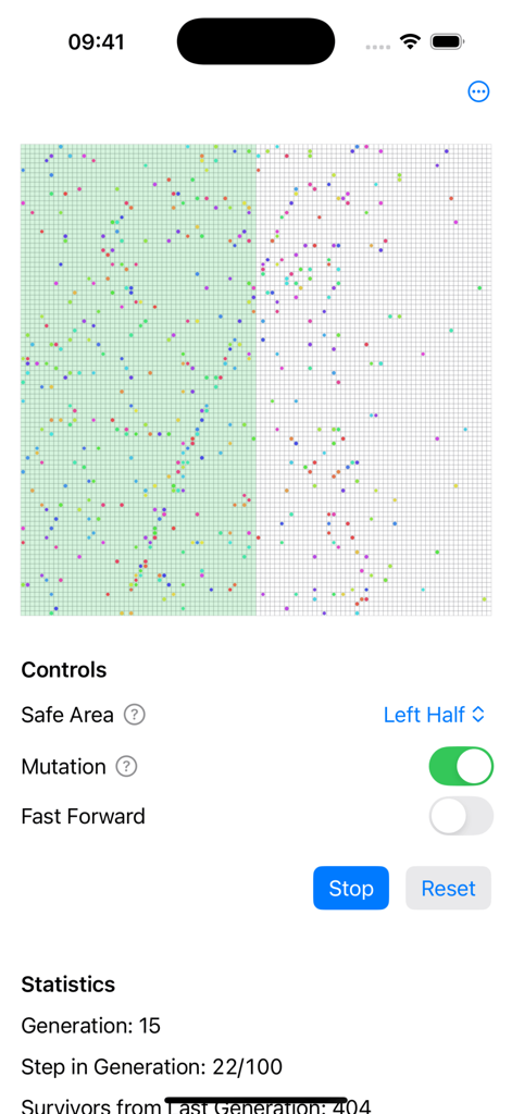 Evolution: Simulator - Interface of the Evolution Simulator app showing creatures on a grid and simulation settings.