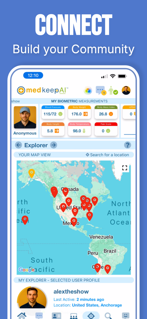 medkeepAI - medkeepAI app screen showing health biometric data and a map view for connecting with a global health community