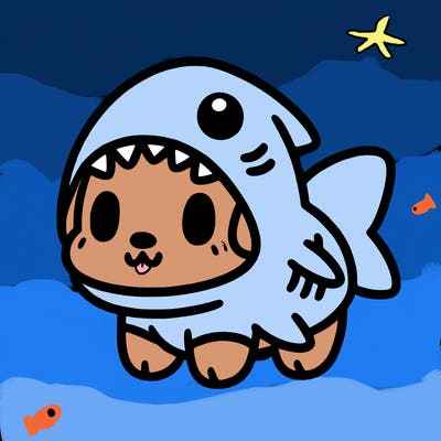 cute dog wearing a shark costume