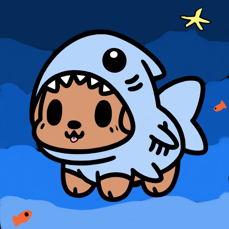 cute dog wearing a shark costume