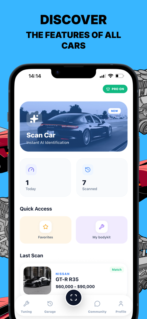 CarSnapIA : Car Scan - CarSnapIA app home screen showing AI car identification and market value for a Nissan GTR