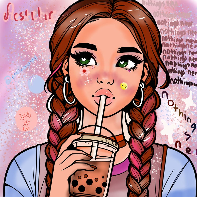 realistic girl with braided hair drinking boba