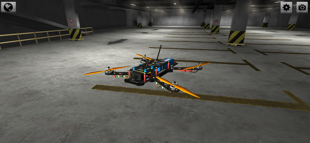 An FPV racing drone in an underground parking garage flight simulator