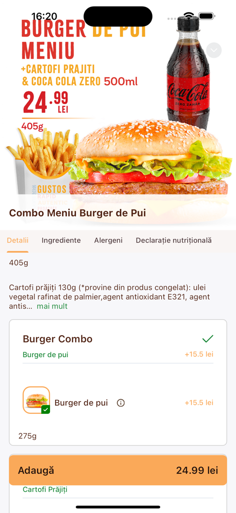 MADO Romania app interface showing a chicken burger menu combo with fries and a drink