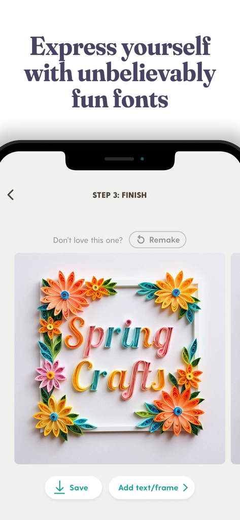 Word Swag - Cool Fonts - Word Swag app interface showing a Spring Crafts graphic with stylized fonts and colorful paper flowers