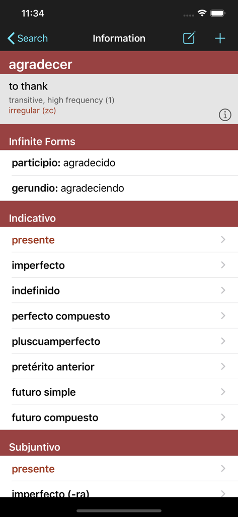Detalles de conjugación para el verbo español agradecer en la aplicación VerbForms Espanol