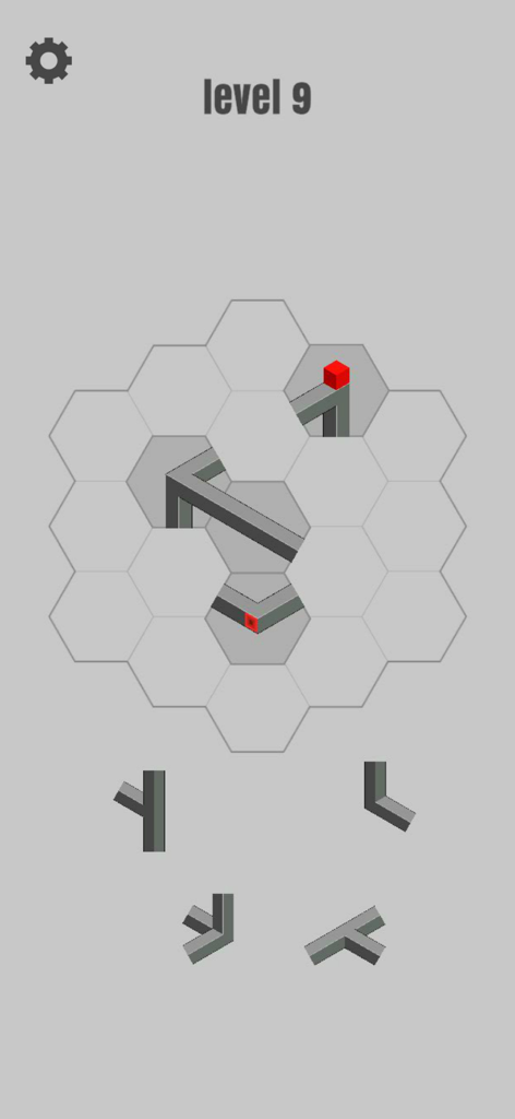 hocus GO - Nivel de juego de puzzle minimalista con caminos geométricos imposibles y cuadrícula hexagonal