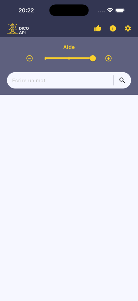 Dico API - Pantalla principal de búsqueda de la aplicación Dico API que muestra el campo de entrada de palabras fonéticas y el control deslizante de ayuda.