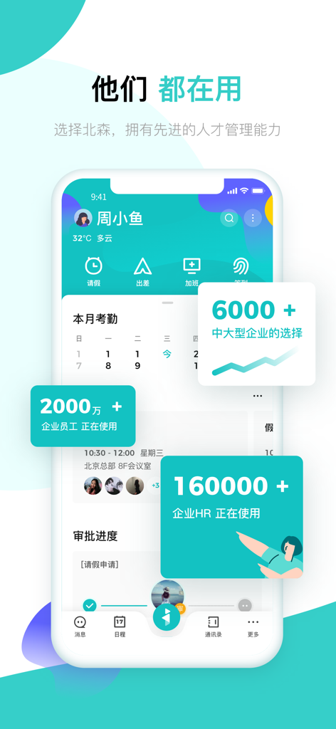 Mobile dashboard of Beisen iTalent HR software with attendance and corporate statistics