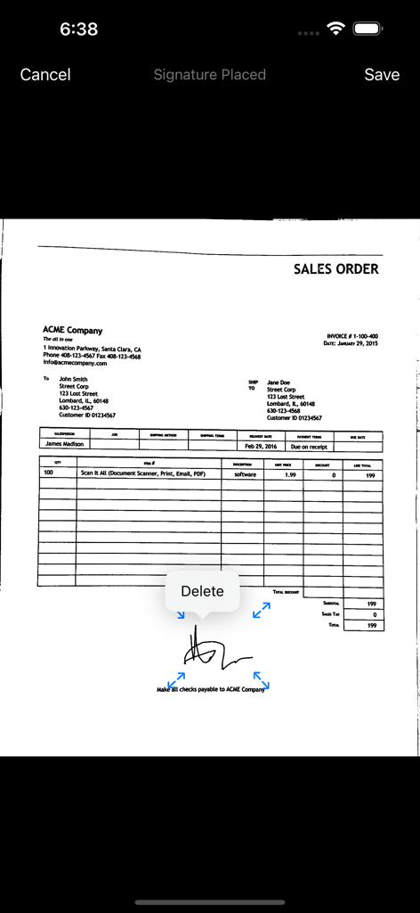 Scan It All Pro - Agregando una firma digital a un pedido de ventas escaneado en Scan It All Pro.