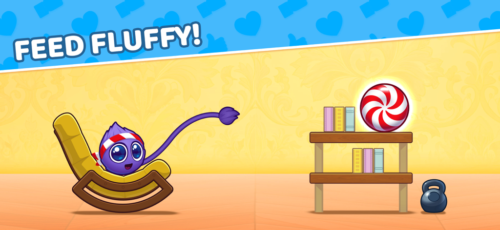 Catch the Candy 2 - A purple character named Fluffy sits in a rocking chair and reaches for a peppermint candy with its long tail in a physics puzzle level.