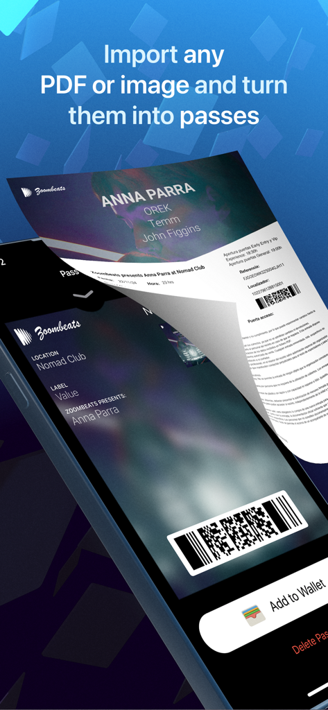 A digital interface showing how to import a PDF ticket and convert it into a stylish Apple Wallet pass.