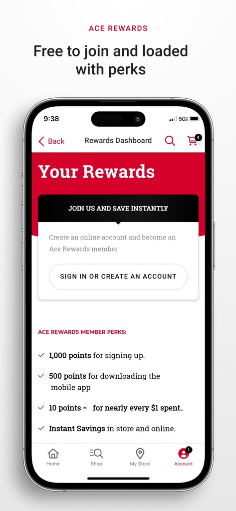 Dashboard der Ace Hardware App mit Mitgliedervorteilen und Anmeldeoptionen