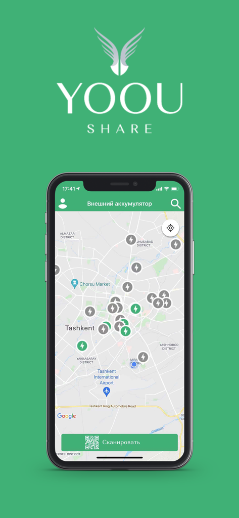 YOOU SHARE - Interface da aplicação móvel YOOU SHARE mostrando estações de carregamento de power bank num mapa