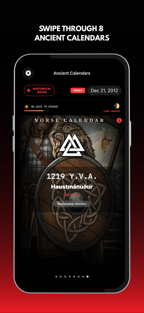Ancient Calendars - Interfaz de la aplicación Calendarios Antiguos mostrando el sistema de calendario nórdico con arte temático vikingo y seguimiento celestial.