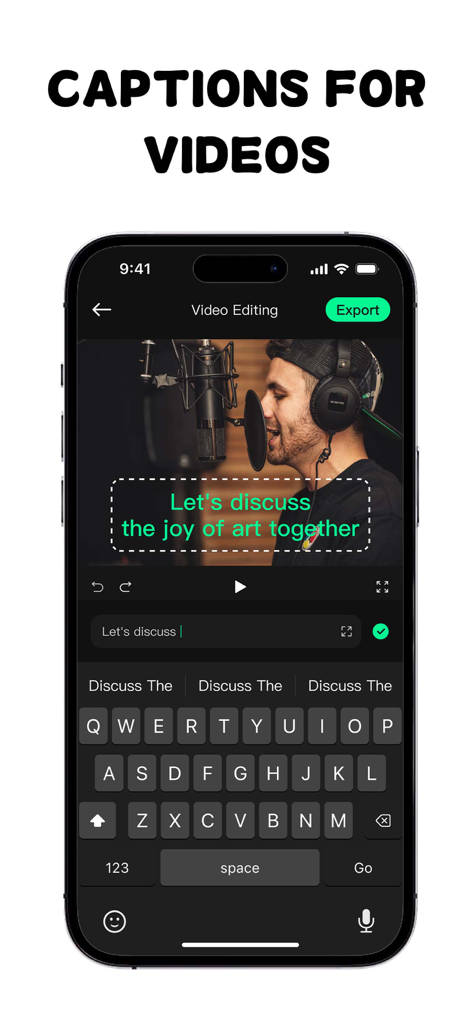 Teleprompter & Captions-TeCap - Mobile interface of TeCap app showing video editing with auto-generated captions and a keyboard