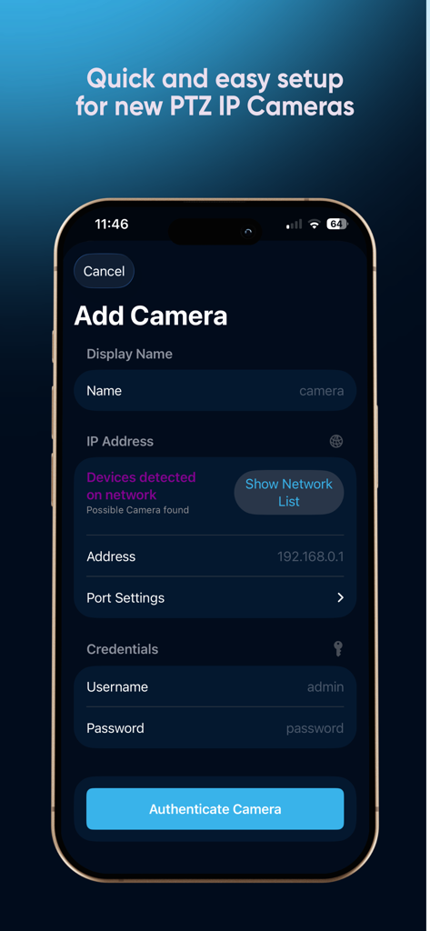XYZoom - The Add Camera screen in the XYZoom app for setting up a new PTZ IP camera.