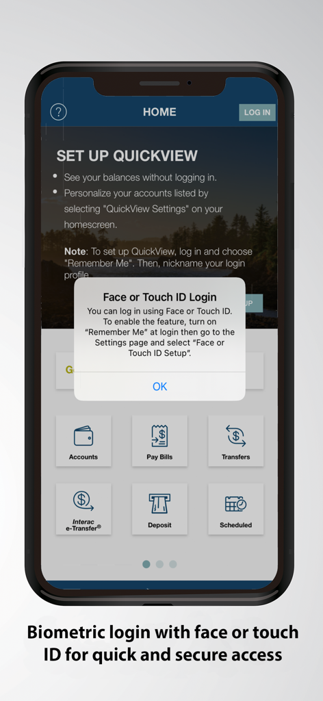 アイランド・セービングス モバイルバンキングアプリのホーム画面。Face IDとTouch IDのログイン通知と、様々なバンキング機能アイコンが表示されています。