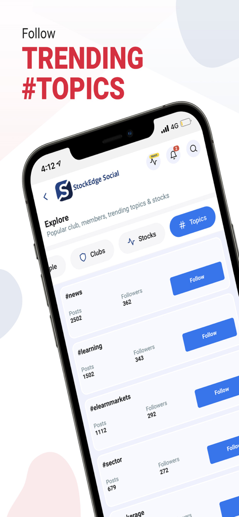 트렌드 해시태그 및 주식 시장 토론 주제를 표시하는 StockEdge Social 앱 화면