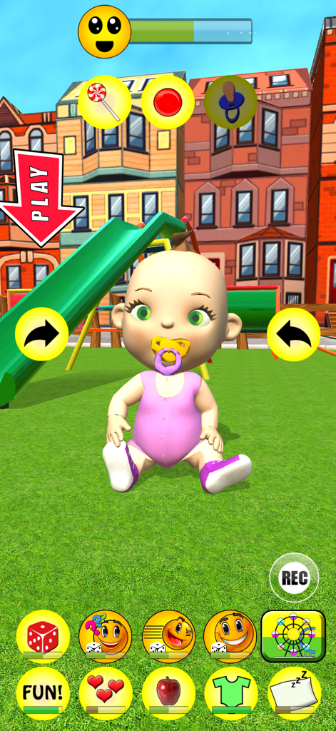 My Baby Babsy - Playground Fun - Baby Babsy sitting in a virtual playground with interactive game icons