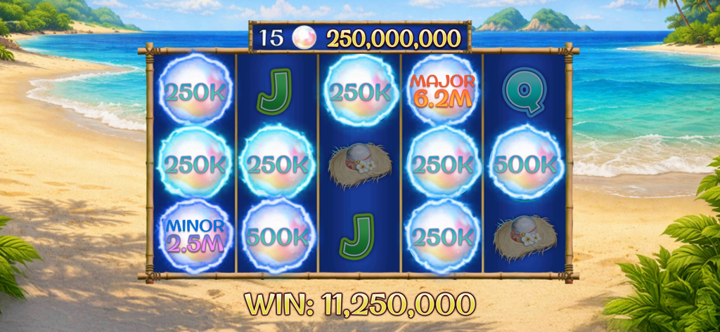 A tropical beach themed slot machine game displaying a big win with pearl symbols and jackpot prizes.