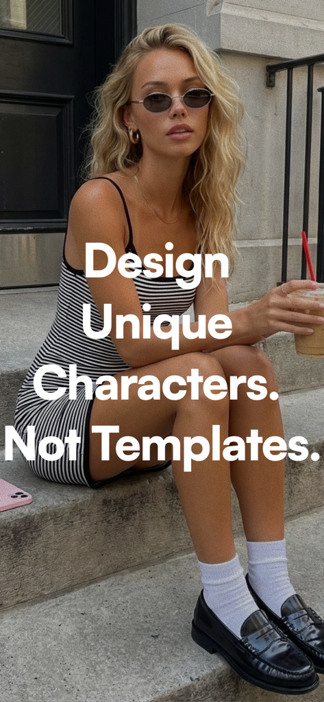 InfluX - Create AI Influencer - Une influenceuse IA réaliste générée par IA assise sur des escaliers de ville, portant une robe rayée et des lunettes de soleil