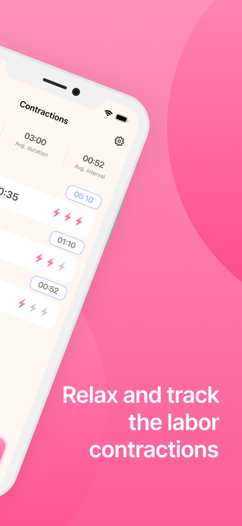Contraction timer app interface showing labor tracking logs and average duration statistics
