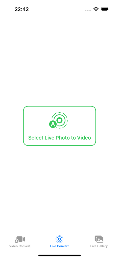 video to live photo converter - Oberfläche der Video zu Live-Foto-Konverter-App, die die Live-Foto-zu-Video-Konvertierungsoption anzeigt.