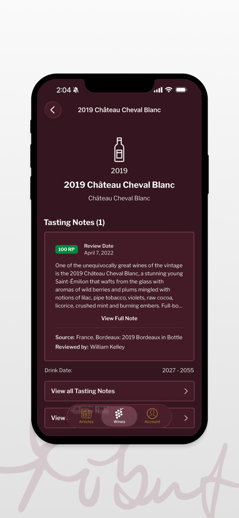Robert Parker - Robert Parker app screen displaying a 100 point wine review for 2019 Chateau Cheval Blanc with tasting notes and drinking window