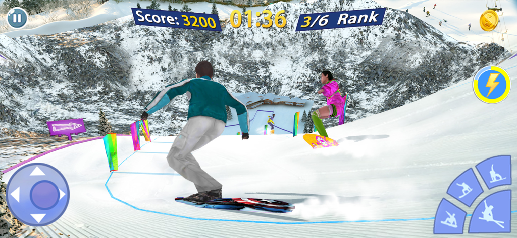 Snowboard Master 3D - Snowboard Master 3D gameplay showing two characters racing down a snowy mountain slope with score and rank indicators