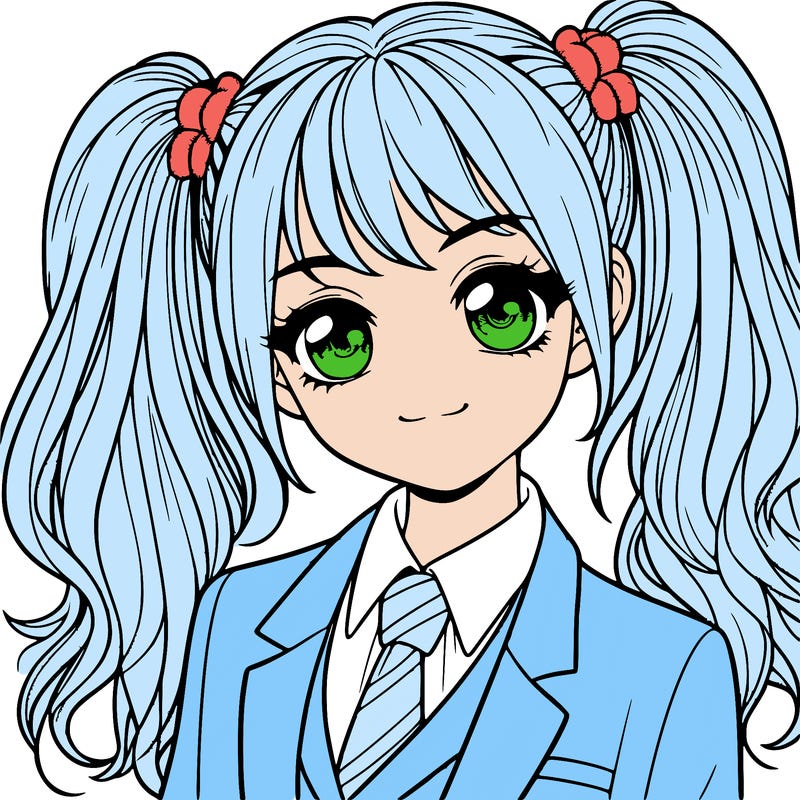 realistic girl with two ponytails and a suit on