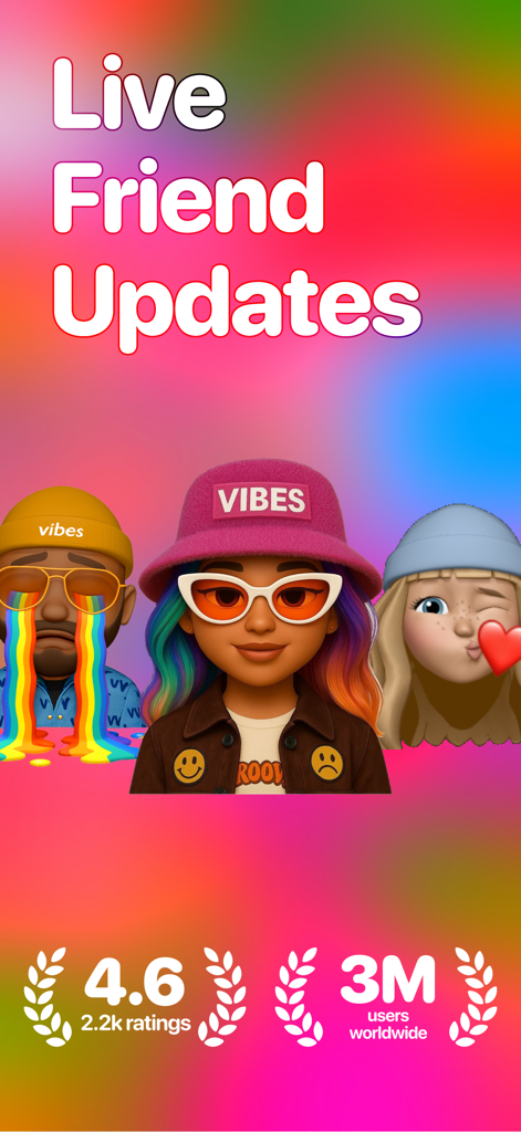 Vibes - BFF mood tracker - Promotional screen for Vibes BFF mood tracker showing live friend updates with expressive 3D avatars and a 4.6 star rating.
