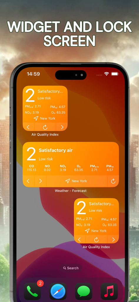 Pollution • Pollen • Widget - iPhone home screen displaying various air quality and pollution tracking widgets for New York