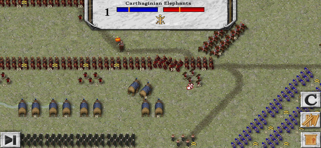 Battles of the Ancient World - 歴史的なウォーゲームでカルタゴの象と歩兵ユニットの戦術的なトップダウンビュー