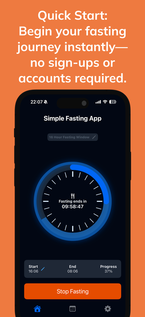 Simple Fasting App interface showing a countdown timer on an iPhone with text highlighting that no sign-up is required.