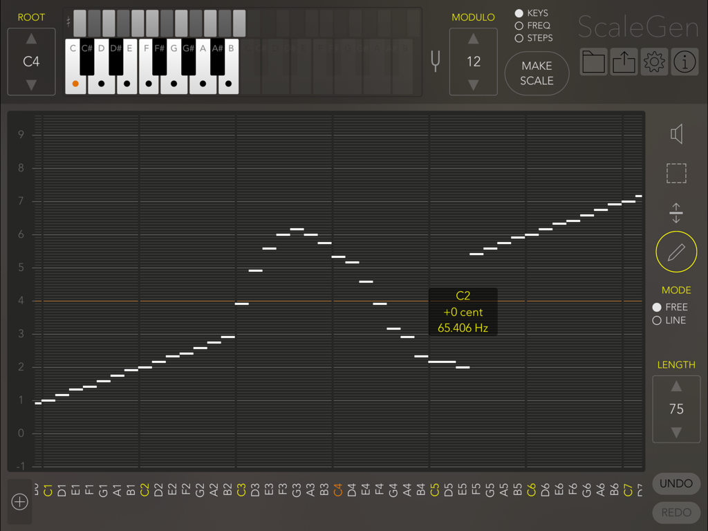 ScaleGen - ScaleGen app interface showing a custom musical scale being edited in a matrix grid.