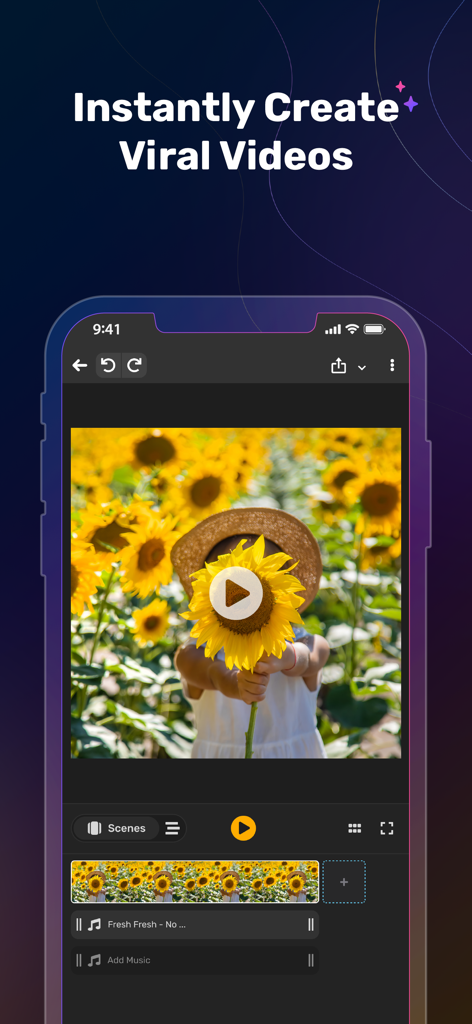 Simplified AI - Simplified AI app interface showing tools to create viral social media videos with a timeline and music tracks