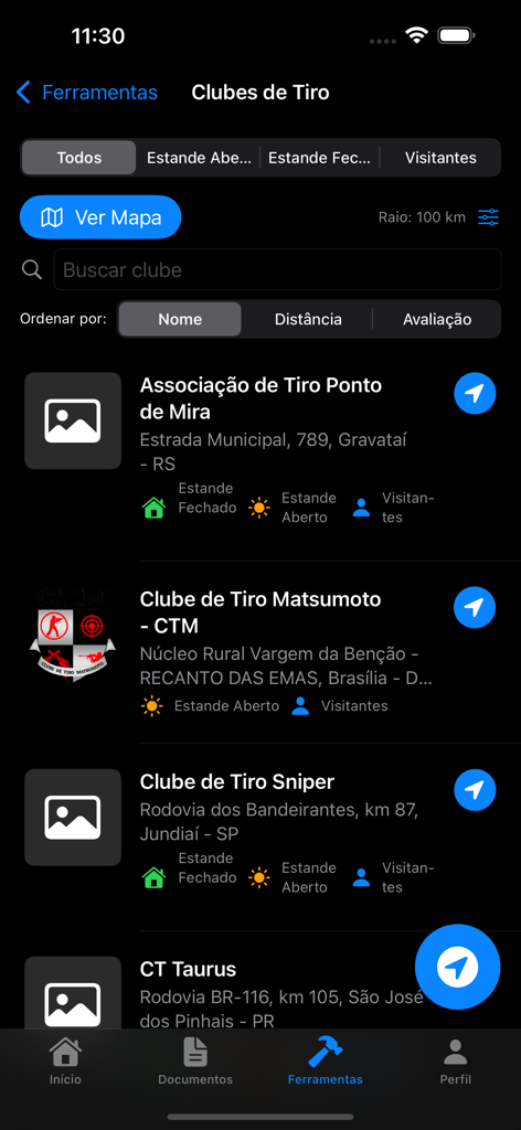 CAC Proのモバイルアプリインターフェイス、射撃クラブやレンジの検索可能なリストを表示
