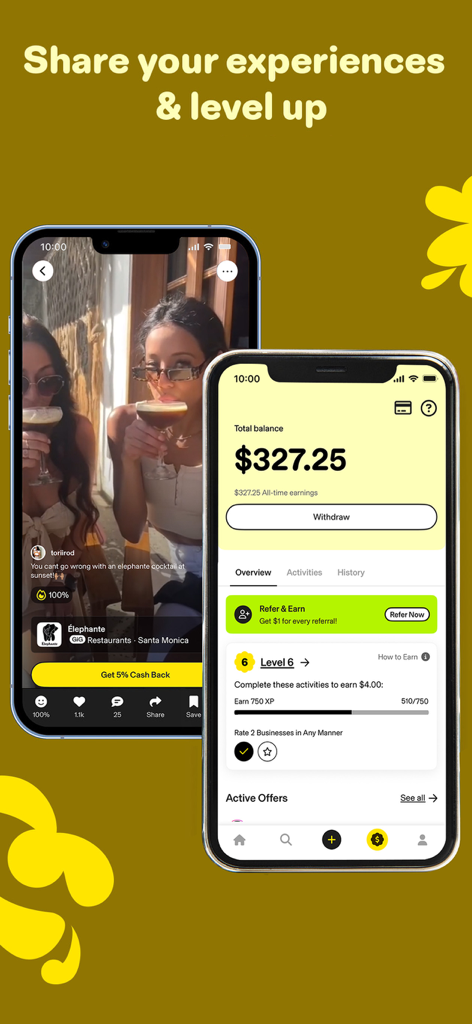 Franki | Eat. Drink. Earn. - Franki mobile app interface showing a video review of a cocktail bar and a user rewards dashboard with a cash balance