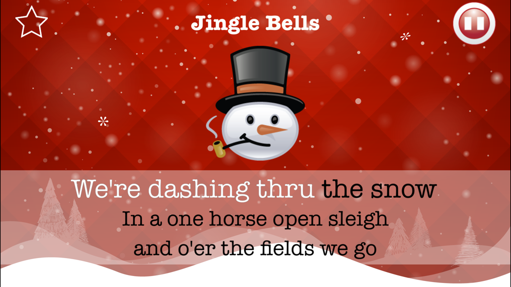 Sing Along Christmas Carols - Una pantalla al estilo karaoke de la aplicación Cánticos Navideños que muestra la letra de Jingle Bells con una ilustración festiva de un muñeco de nieve.