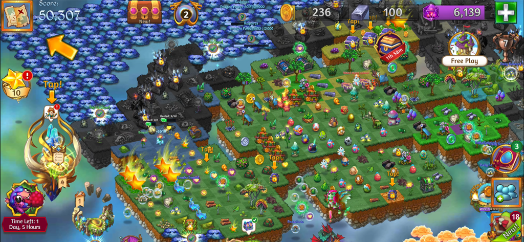 A top-down view of a colorful and organized camp in Merge Dragons featuring various eggs trees and magical items